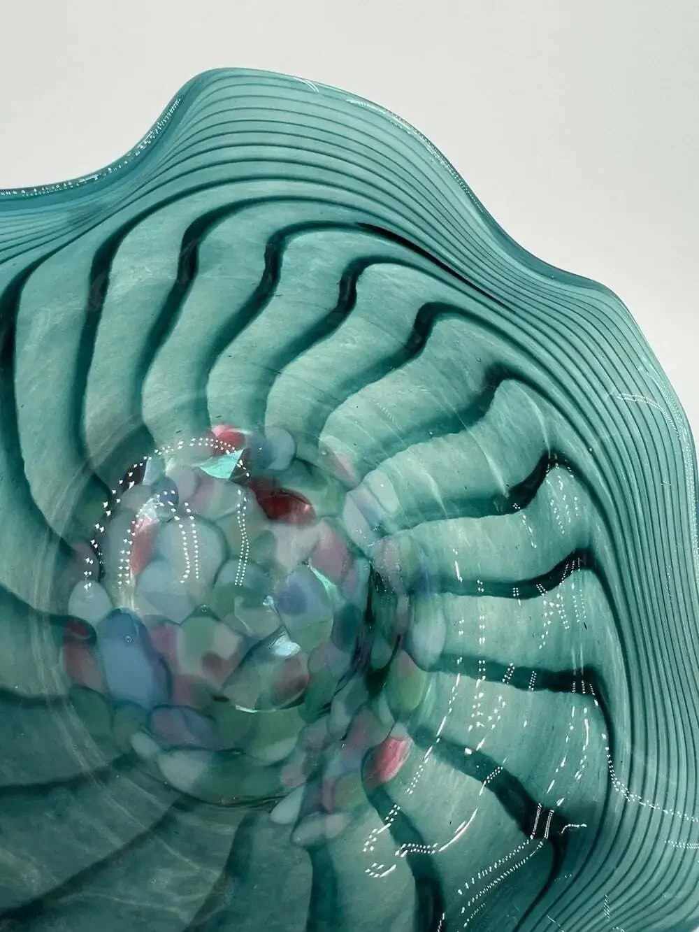Hand Blown Art Glass Bowl Teal Ruffled Swirl Multicolor Confetti Studio Glass
